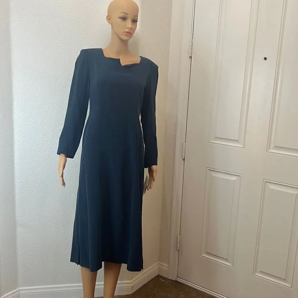 Patrick Petites Dress Size 4P 💯 Silk Teal Green Midi Long Sleeve Side Slits